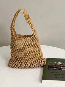 1pc Bohemian Style Woven Tote Bag, Striped Woven Handbag, Beach Bag, Casual Versatile Hollow Woven Handbag, Beach Bag