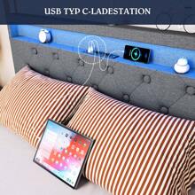 OYAJIA Polsterbett 140*200cm mit Bettkasten und Lattenrost aus Holz, Hydraulisches Stauraumbett mit LED-Kopfteil und Ladestation, Bett für Schlafzimmer und Gästezimmer, Leinen, Grau