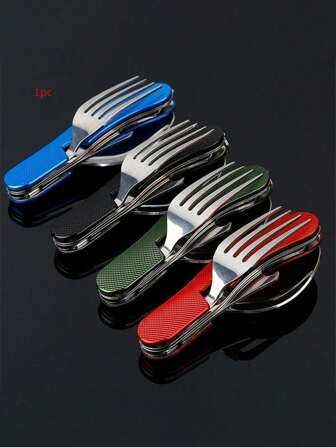 Juego de 4 en 1 de utensilios de camping de acero inoxidable - tenedor, cuchara, cuchillo y abrebotellas - Juego plegable portátil para senderismo, supervivencia y viaje - Disponible en negro, rojo, verde, azul