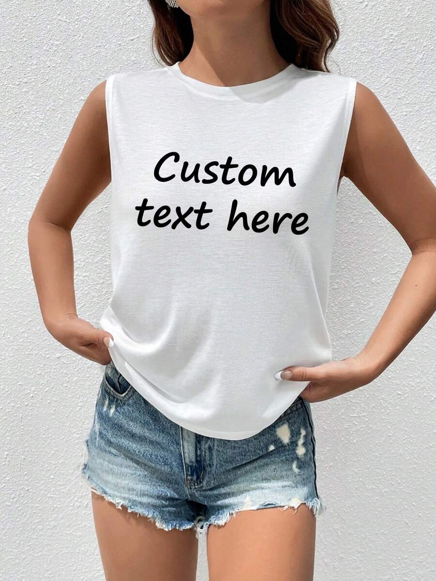 Customize Women's Tank Tops, Add Your Text, Choose Your Favorite Color And Font, Design Your Own Personalized Printed Short Sleeve T-Shirt, Anniversary Gift, Valentine's Day, Custom Gift, Valentine's Day, Custom Women's Tops, Gifts For Girlfriend/Family, Mother's Day Gifts, Birthday Gifts, Wedding Gifts, Etc. Text Customization, Tops, Women's Tops Text Printed Women's Tank Tops, Custom Women's Tops, Custom Summer Women's Crop Tops - White - View 1