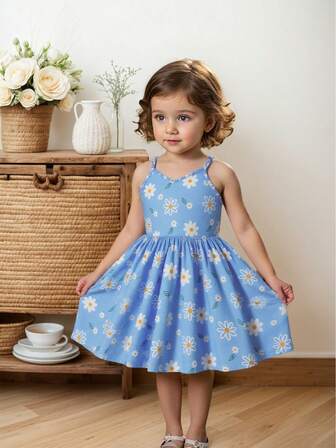 BASUSARRI 可爱女童吊带连衣裙，舒适沙滩度假百搭可爱女童连衣裙