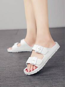 Unisex Teens Casual Minimalist Buckle Strap Flat Slip-On Sandals, Beach Slippers