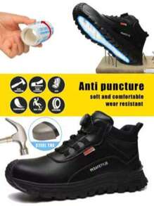 Unisex Leather Rotating Button Comfortable Safety Shoes, High Top Safety Boots, Steel Toe Shoes, Anti-Crush Anti-Puncture Protection Hiking Boots, Unisex Design, Waterproof, Anti-Skid, Wear-Resistant Work Shoes, Suitable For All Seasons, Black