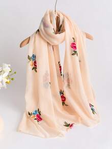 1pc Women's Elegant Floral Embroidery Linen Long Scarf, Versatile Solid Color Embroidered Shawl, Windproof And Sunshade Decorative Wrap - Multicolor - View 16