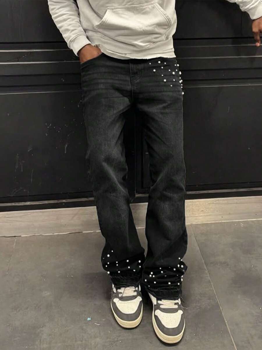 Men Pearl Jeans Fashion Casual High Waist Straight Leg Denim Pants With Pockets - Black - View 1