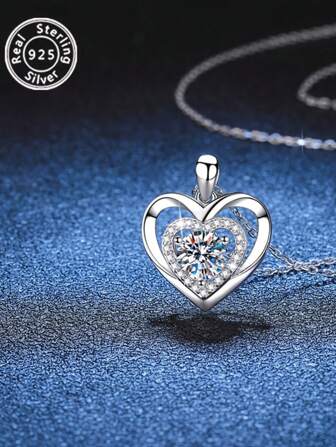 1/3st 925 Sterling Zilveren Elegante Hart Hanger Ketting met 1 Karaat Luxe Moissanite Steen, Perfect Cadeau voor Verjaardagen, Valentijnsdag, Kerstmis, Moederdag voor Vrouwen, Dagelijkse Sieraden Accessoire (Ca. 4g Zilver)