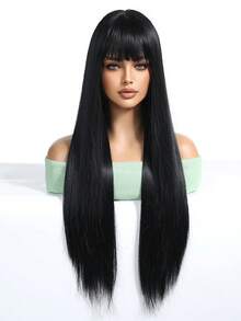 24 英寸黑色长直发合成假发带刘海自然黑色耐热纤维头发全机器制作角色扮演派对假发适合时尚女性日常校服使用 - 黑色 - 查看 4