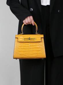 Bolso de moda para mujer de alta gama 2025, bolso de hombro/cruzado de lujo minimalista cuadrado, versátil para la oficina, de patrón de piel de cocodrilo amarillo retro y platino