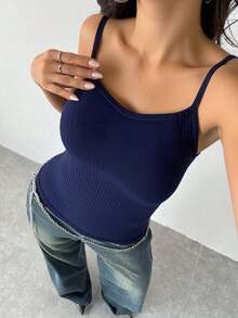 Top tirantes delgados tejido stretch gym deportivo sport dama mujer cuello redondo bajo recto ajustado caminar ejercicio básico cómodo día noche primavera verano - Azul - Ver 3