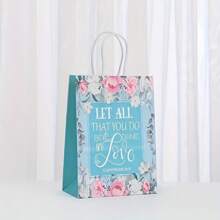 Reusable Gift Bag With Bible Verse And Floral Design, Christian Baptism Handle Paper Gift Bag For Women, Wedding, Birthday Present Packaging