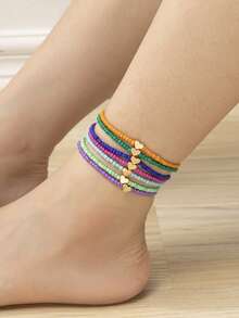 7pcs/Set Bohemian Style Colorful Beaded Heart Charm Anklets For Women - Multicolor - View 2