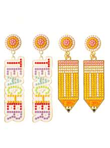 2 pares de aretes de lápiz con borlas y cuentas estilo bohemio, aretes de estilo universitario para maestros, estudiantes, de regreso a clases, regalo de graduación