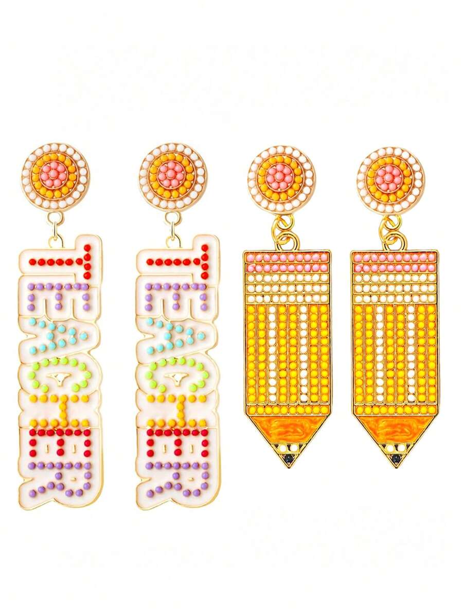 2 pares de aretes de lápiz con borlas y cuentas estilo bohemio, aretes de estilo universitario para maestros, estudiantes, de regreso a clases, regalo de graduación