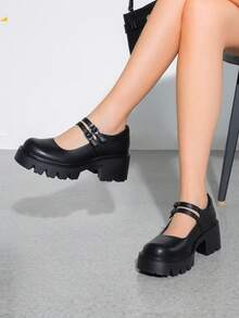 Women's Mary Janes Platform Pumps Low Heel Chunky Round Toe Chic Y2K Pumps Shoes With Double Straps, Padded Colla - 黑色/PU - 查看 4