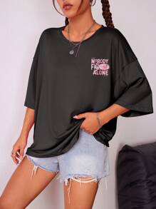 Camiseta deportiva de verano para mujer, cuello redondo, mangas cortas, 100% poliéster, buena elasticidad, tejido de punto, estampado de letras de rugby, jersey casual