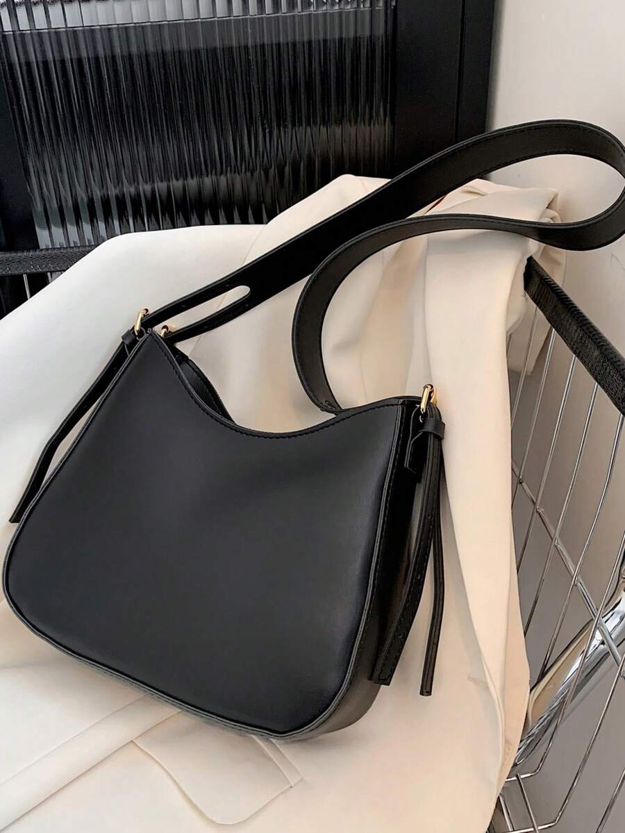 Fashionable Solid Color PU Leather Shoulder Bag, Minimalist & Multi-Functional - Black - View 1