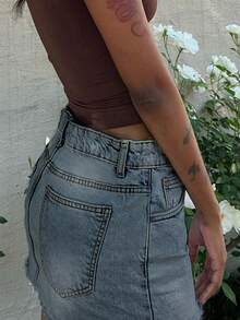 Euro-American Fashionable Y2K Spring/Summer New Casual Simple Washed Denim Skirt For Women, Slimming & Elongating - Retro Blue - View 2