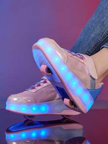 儿童时尚伸缩女童LED发光旱冰鞋，时尚户外滑冰鞋，舒适休闲男童发光轮滑运动鞋 - 粉色 - 查看 5