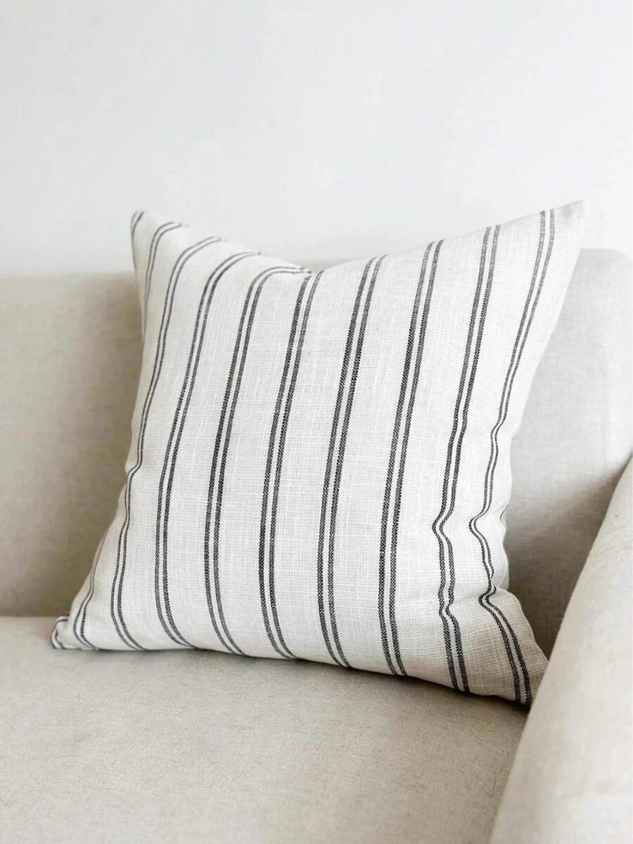 1 Pc Farmhouse Linen Throw Pillow Cover, Striped Decorative Buffalo Retro Pillowcase With Hidden Zipper For Sofa Bedroom - Black - View 1