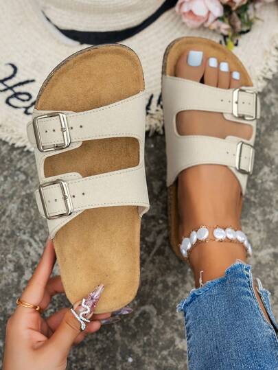 Modische & bequeme Damensandalen - Weich, leicht, mit Doppelschnalle, flacher Slip-On, atmungsaktives Design, geeignet für Sommerstrand-Urlaub und den täglichen Gebrauch