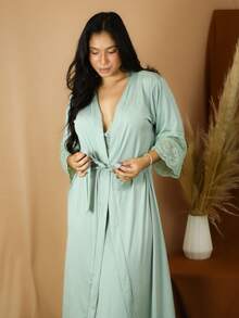 Women's Long Robe Microfiber With Hobby Sleeve Lace - Màu hồng gỉ - Xem 1