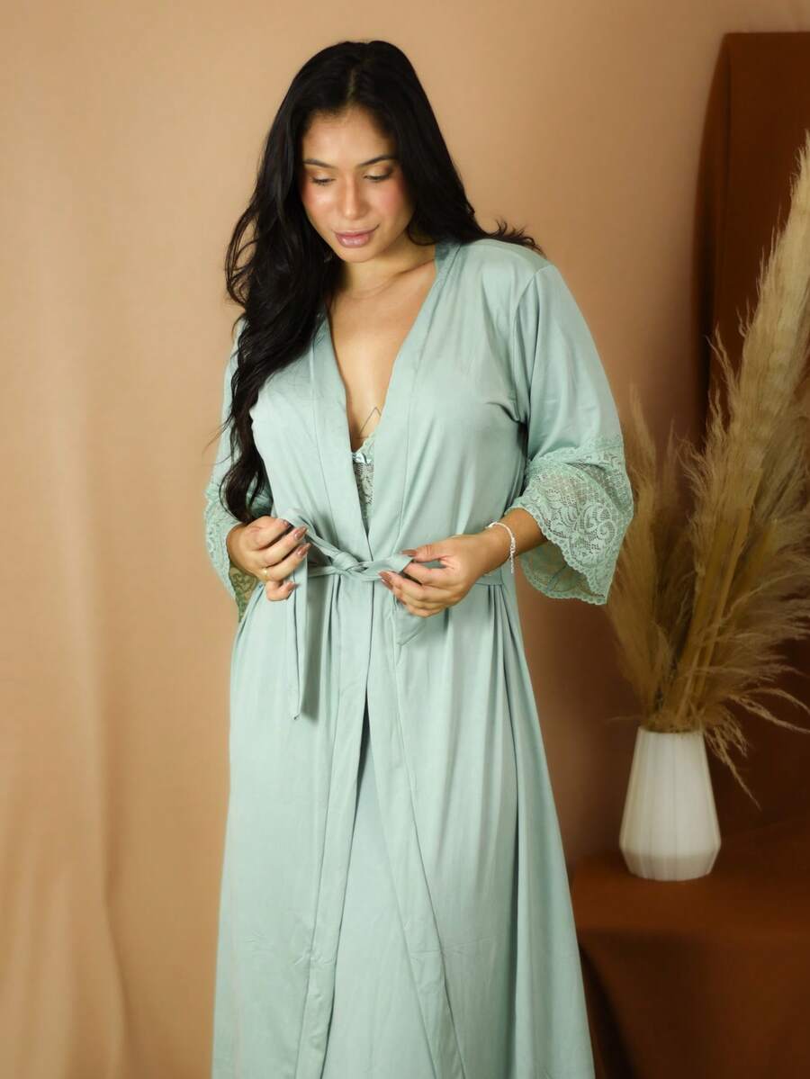 Women's Long Robe Microfiber With Hobby Sleeve Lace - Màu hồng gỉ - Xem 1