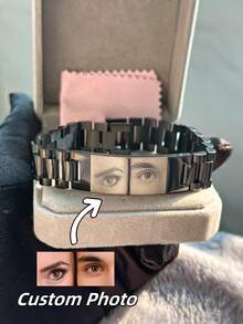 Pulsera personalizada para hombre con diseño de ojo grabado por láser, pulsera con foto de ojo personalizada, pulsera de pareja con foto de ojo grabada por láser, pulsera de ojo para novio, pulsera de pareja de 10 mm/15 mm grabada por láser, pulsera de identificación de foto grabada en acero inoxidable para hombres y mujeres, pulsera personalizada para hombre con foto de ojo de novia grabada - Negro - Ver 2