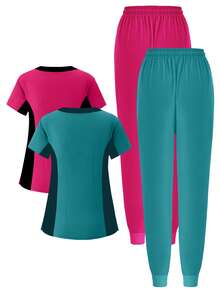 (Four-Piece Set) Scrubs Uniform Women's Running Matte Elastic Sports Nurse  Uniform Wash Clothes Work Clothes Breathable Scrub Shirt - 綠色 - 查看 2