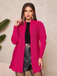 Women's Plain Knit Cardigan With Ribbed Detail Mid-Season Knitwear - Rosa Fucsia - Ver 1
