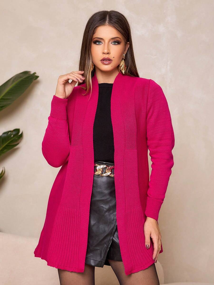 Women's Plain Knit Cardigan With Ribbed Detail Mid-Season Knitwear - Rosa Fucsia - Ver 1