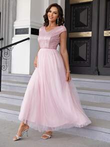 Joyfunear Elegantes einfarbiges Damen Paillettenkleid mit Kontrastmesh für Partys - Pink - Übersicht 4