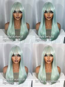 26 Inch Mint Green Straight Wig With Bangs - Layered Face-Framing Long Pastel Hair - Heat Resistant Synthetic Fiber On Breathable Rose Net Cap - Natural Look For Daily, Cosplay & All Skin Tones - Mint Green - View 9