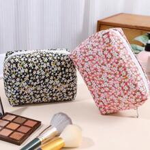 Borsa per il trucco con stampa floreale ditsy, kit da viaggio multifunzionale rosso fuoco per l'assistenza sanitaria e il trasporto di articoli da toilette