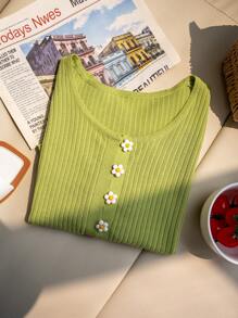 Floral Button Short Sleeve Cardigan Sweater For Women, Avocado Green Round Neck Fitted Elegant Blouse For Summer