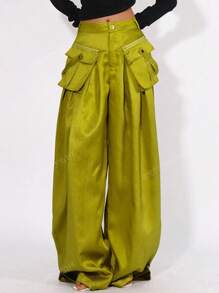 Pantalon décontracté à la mode pour femmes au printemps et en été, avec poches tridimensionnelles amovibles et jambes larges. Convient pour les concerts, les festivals rave et le streetwear pour femmes.