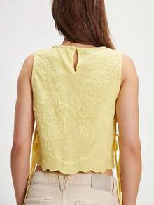 Women Y2K Tie Side Vest Tops Vintage Floral Embroidery Sleeveless Crewneck Lace Up Loose Cropped Tank Tops Aesthetic Camisoles Crop Tops Summer Going Out Shirts Tops - 黃色 - 查看 3