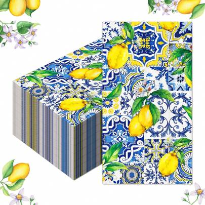 Tiles Lemons Guest Napkins Flowers Blue Yellow Disposable Paper Dinner Hand Napkin For Bathroom Summer Spring Birthday Party Supplies Decor