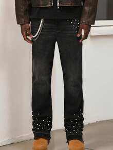 Men Pearl Jeans Fashion Casual High Waist Straight Leg Denim Pants With Pockets - Black - View 4