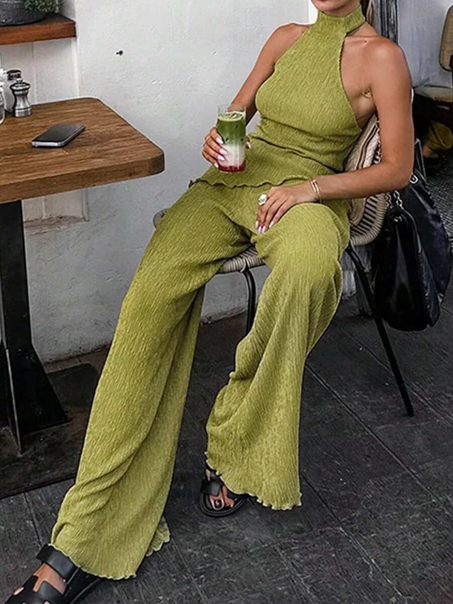 Women's Casual Sleeveless Backless Halter Neck Tank Top And Wide Leg Pants Set, Fashionable Outfit - Green - View 1