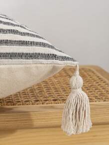 1 pieza/2 piezas Fundas de cojín con estampado de rayas grises y blancas, de tela de lona de algodón, con diseño de flecos en las cuatro esquinas, efecto bicolor, estilo nórdico para sala de estar, sofá, dormitorio, 30*50cm, 45*45cm