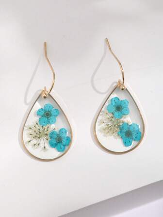 1 Pair Teardrop Resin Forget-Me-Not Dried Flower Dangle Earrings, Suitable For Daily Wear For Women