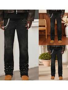 Men Pearl Jeans Fashion Casual High Waist Straight Leg Denim Pants With Pockets - Black - View 7