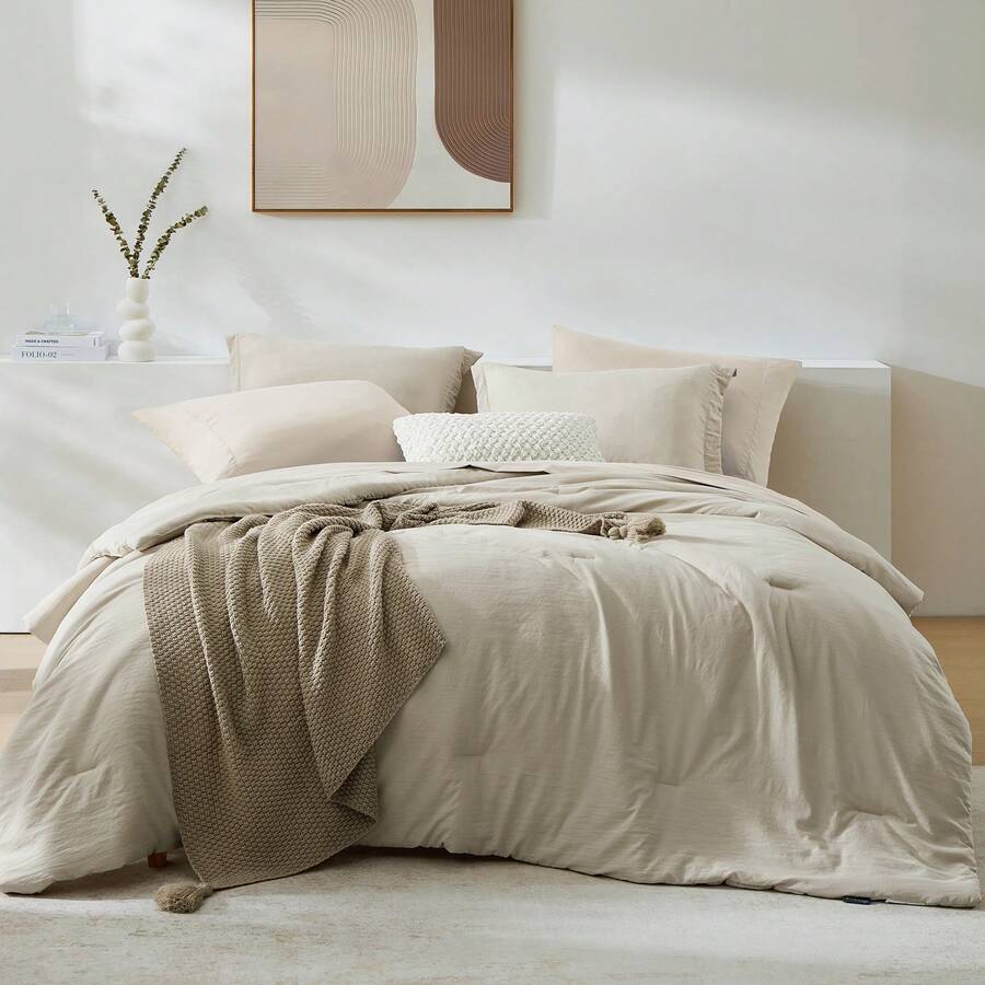 5/7 Pieces Soft Comforter Sets - Comforter, Fitted Sheet, Flat Sheet, Pillow Shams, Pillowcases, All Season Bedding - 淺燕麥色 - 查看 1