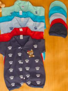Kit 3 Macacão Infantil Ursinho Príncipe Bebê  0-3 meses com boina moda verão