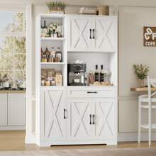 71" Tall Kitchen Pantry Storage Cabinet, Farmhouse Food Pantry Cabinet With Microwave Stand, Barn Doors Kitchen Hutch With Large Drawer And Shelves For Dining