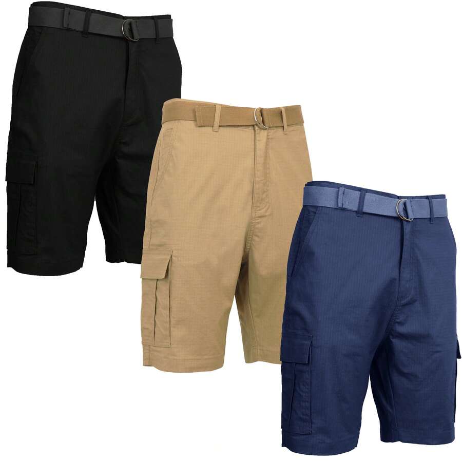 3-Pack Men's Cotton Stretch Ripstop Cargo Shorts With Belt - Đen - Khaki - Xanh navy - Xem 1