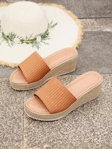 Damen Stroh Keil Seil Offene Zehe Pantoffeln, Dicke Sohle Erhöhte Plateau Sandalen für Sommer Outdoor Tragen