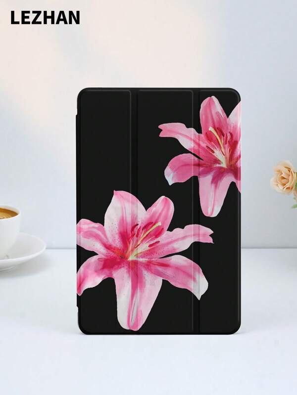 Capa protetora preta sólida com estampa de flores, 1 peça, compatível com iPad de 10,2 polegadas, iPad Pro de 11 polegadas 2021/2020/10ª geração, iPad Mini 4/5/6, Galaxy Tab A8 de 10,5 polegadas 2022, MatePad 10.4/Tab, com compartimento para lápis, antiqueda, capa com suporte para tablet