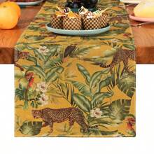 1pc Green Plant & Leopard Printed Table Runner, Suitable For Festivals, Parties, Birthdays, Dinners, Kitchen, Dining Room, Room Decor, Home Textile Decoration, All Seasons