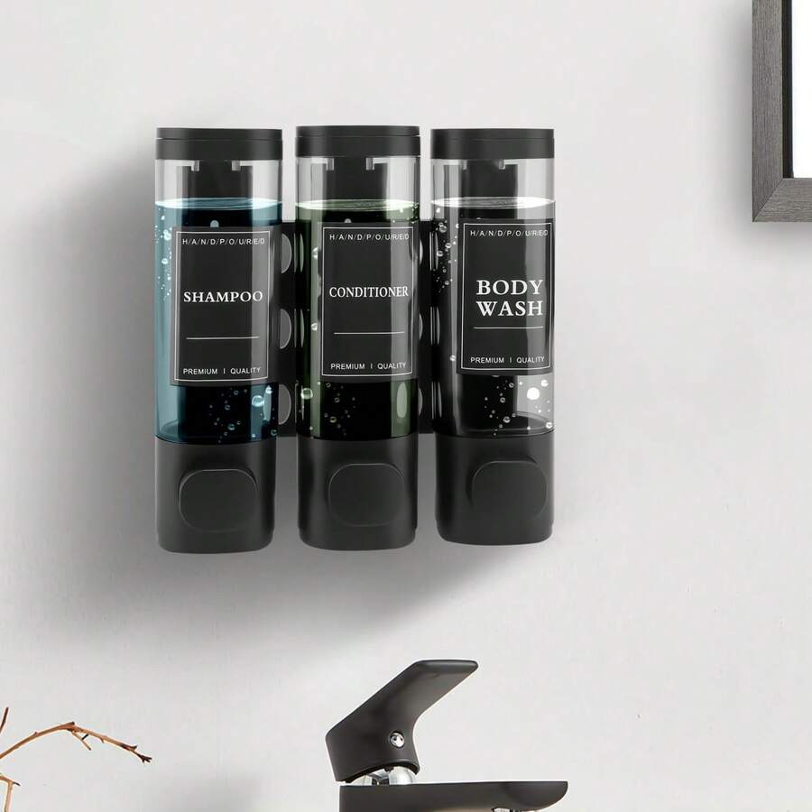 3er-Pack schwarzer Seifenspender zur Wandmontage, Toilettenartikelspender mit 3 Kammern zur Wandmontage. Spender für Handdesinfektionsmittel, geeignet für Badezimmer, Toilette, Küche, zur Aufbewahrung von Shampoo, Duschgel, Reinigungsmittel, Handdesinfektionsmittel. 300 ml*3 - Schwarz - Übersicht 1